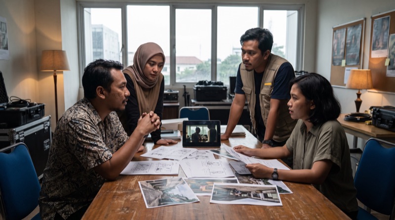 Tim produksi membahas creative brief video di meja pra-produksi
