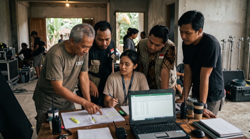 Kru produksi memeriksa daftar kredit bersama di lokasi syuting