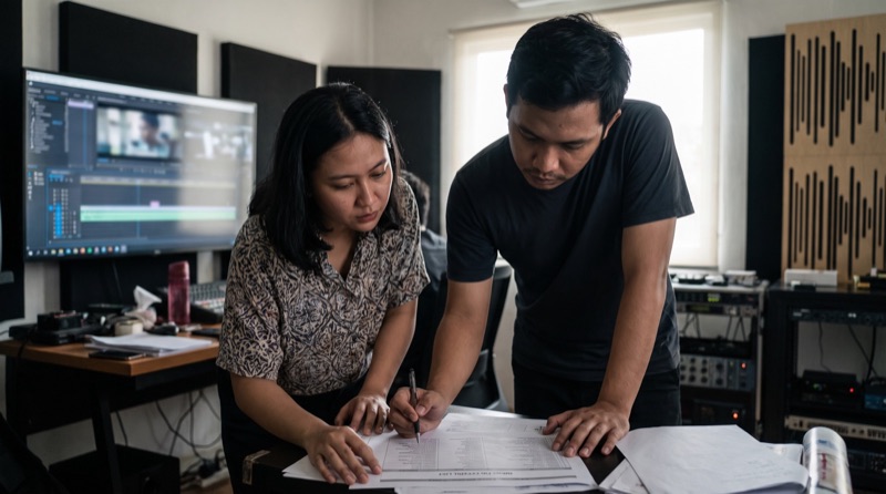Daftar kredit produksi film diperiksa di meja pascaproduksi