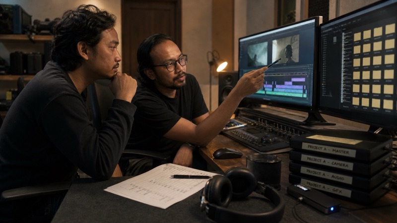 Supervisor pascaproduksi dan editor memeriksa versi file video di ruang editing