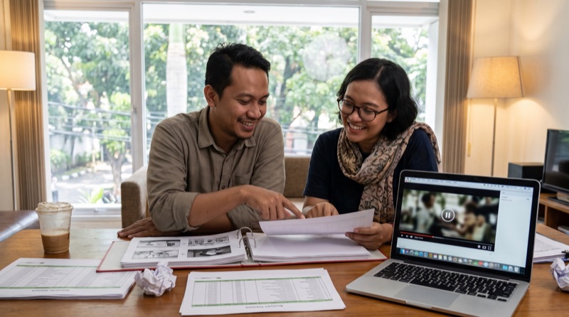 Klien dan produser rumah produksi meninjau proposal video bersama