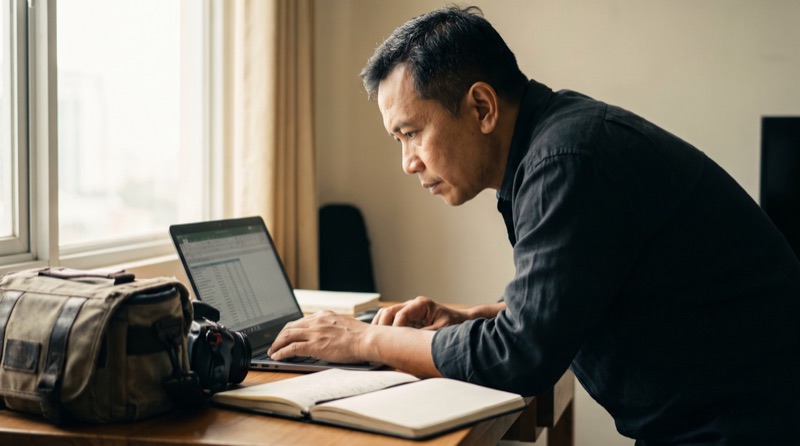 Kru film menyusun rincian rate dan biaya produksi di laptop