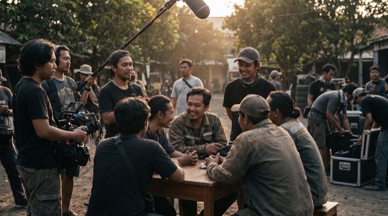 Kru dari beberapa departemen berbincang setelah produksi selesai