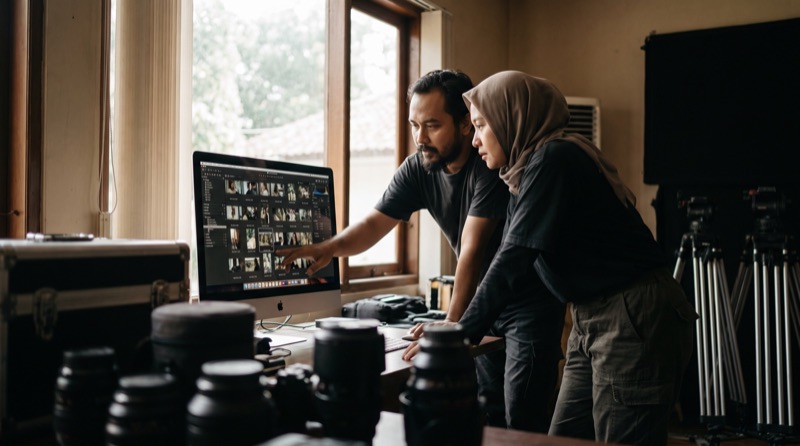 Kru film menyeleksi materi terbaik untuk portofolio produksi