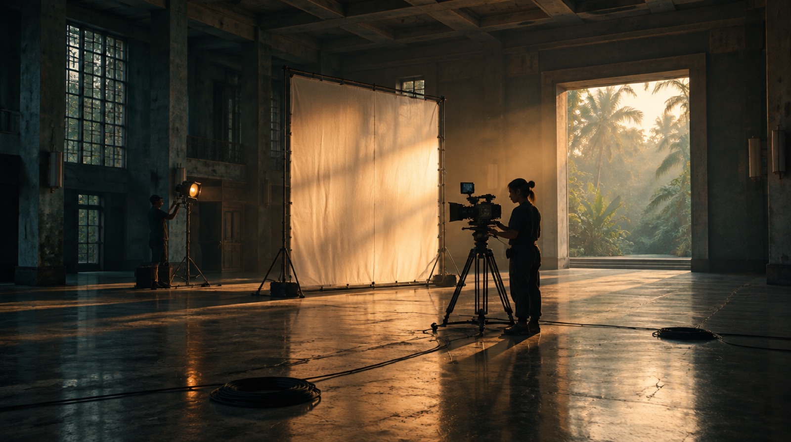 AI illustration: a cinematographer prepares a scene on a sunlit production set.
